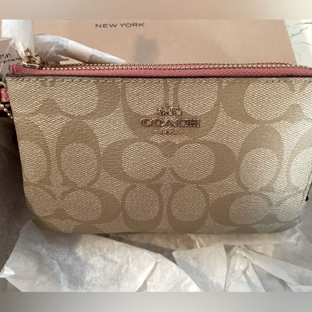NIB COACH light khaki double wristlet.